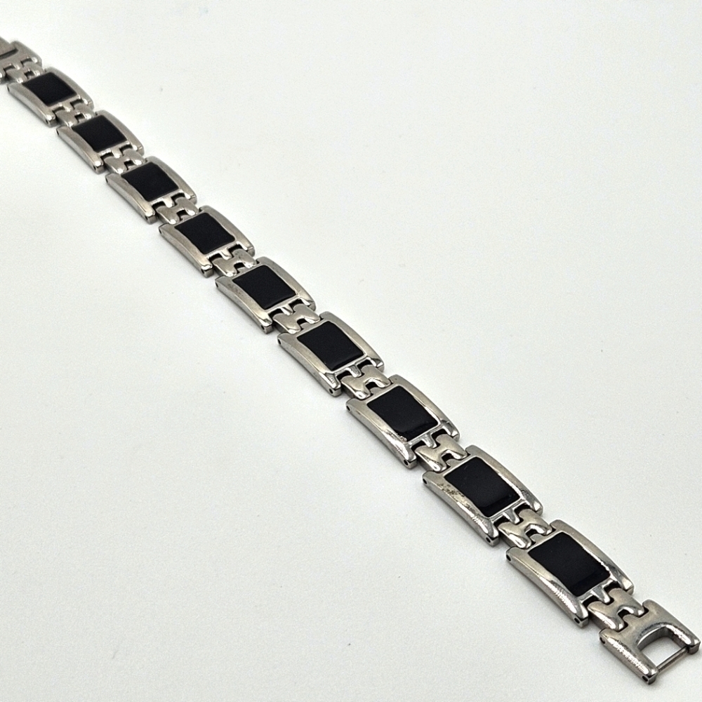 Stainless Steel Black Enamel Watch Link Men's Bracelet 9.25"